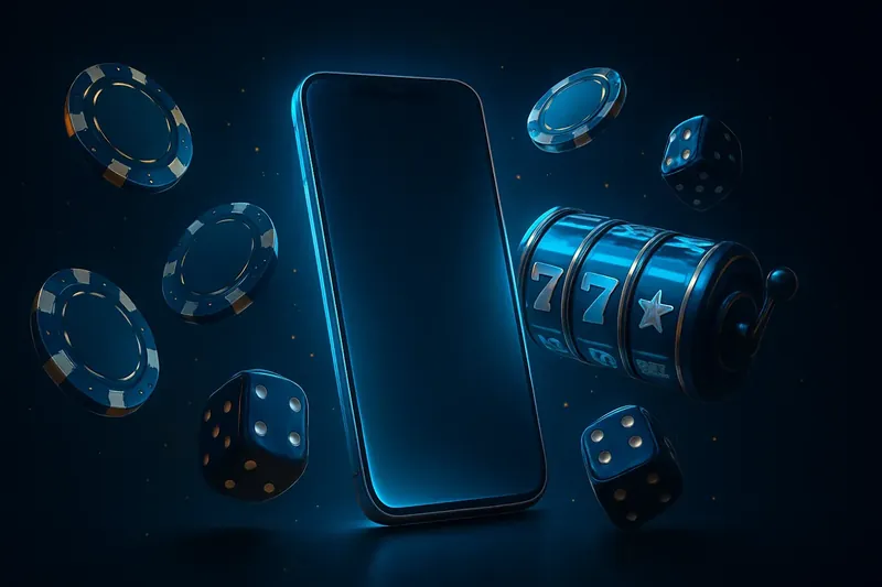 Glowing smartphone surrounded by casino chips, slot reels, and dice on a dark luxurious background